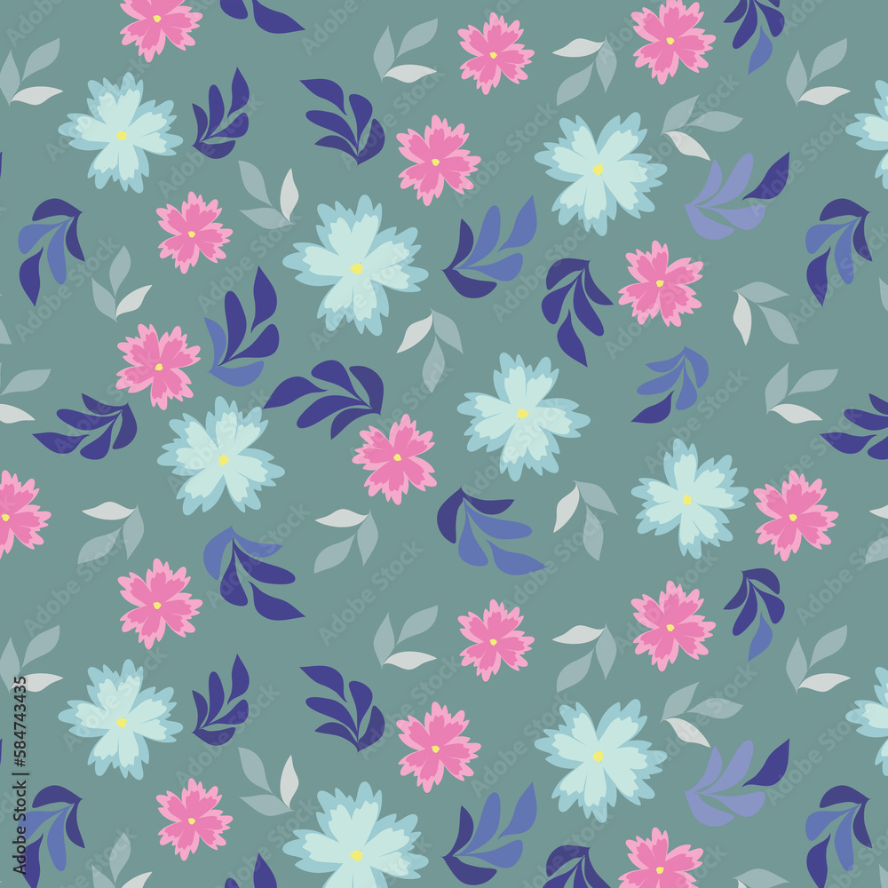 Spring Pink Blue Botanical Flower Green Leaf Allover Seamless Pattern Design Artwork