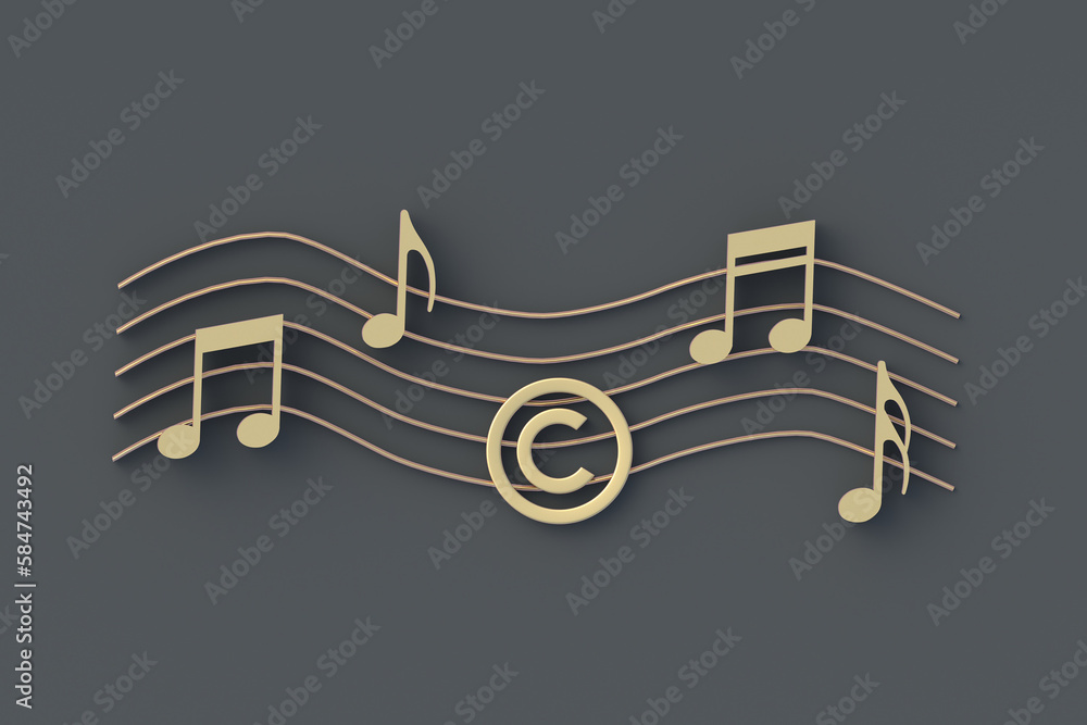 Golden copyright symbol and notes. Intellectual property concept