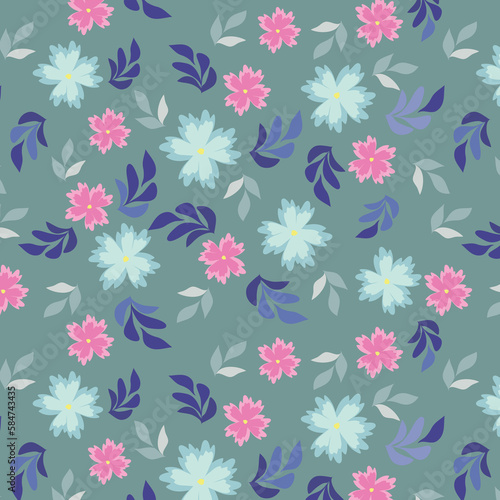 Spring Pink Blue Botanical Flower Green Leaf Allover Seamless Pattern Design Artwork