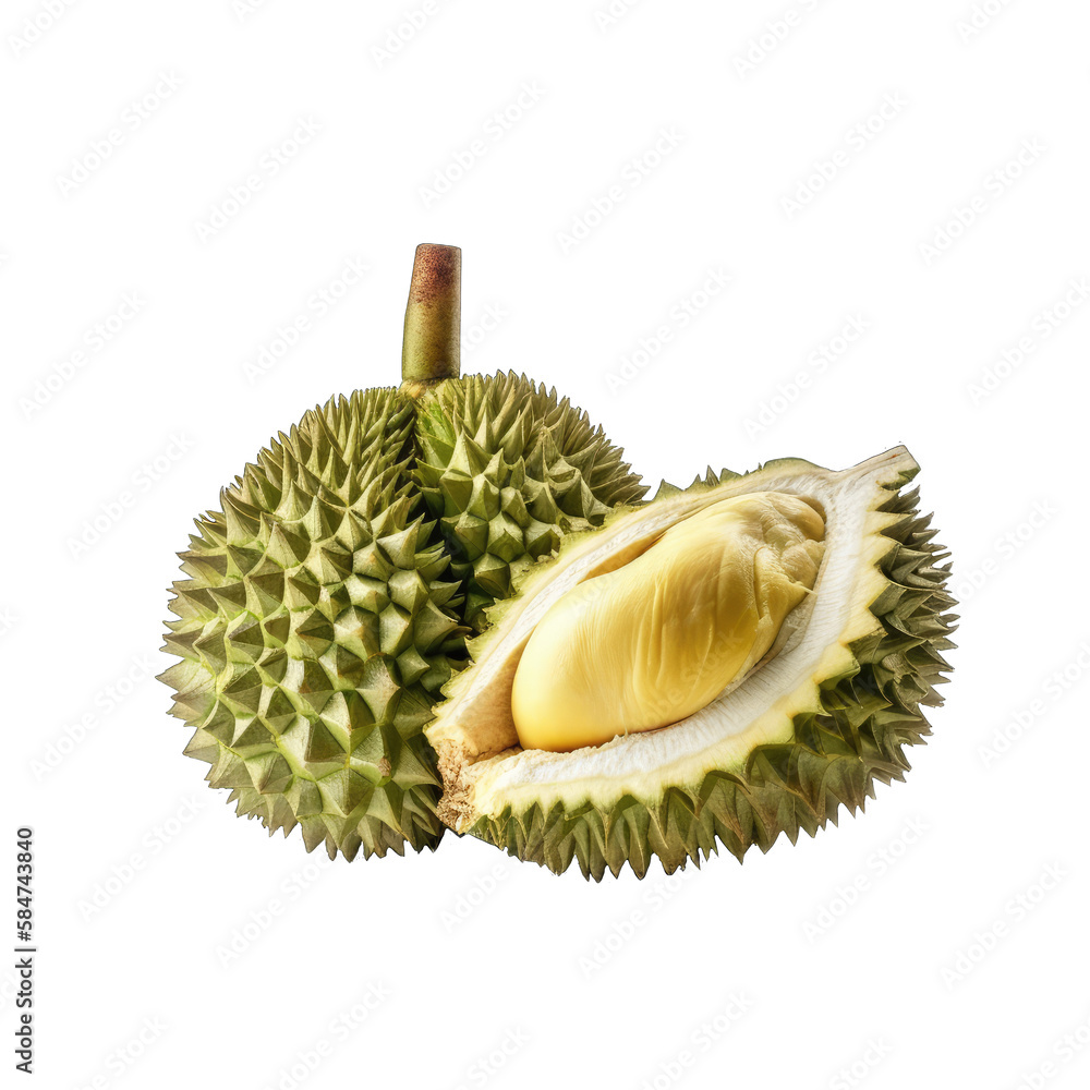 Fototapeta premium Durian fruit with cut in half and leaves, isolated on transparent background