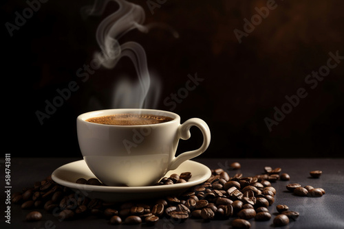 A cup of hot coffee surrounded by coffee beans and steam