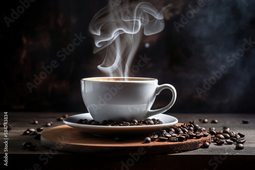 A cup of hot coffee surrounded by coffee beans and steam