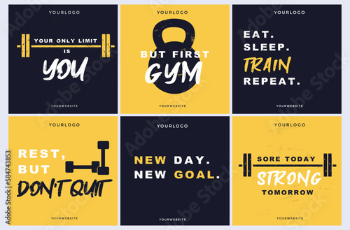 Modern templates with motivational quotes for social networks. Gym motivational and inspirational design templates for post, poster, logo etc. Workout vintage design with barbell. Vector illustration