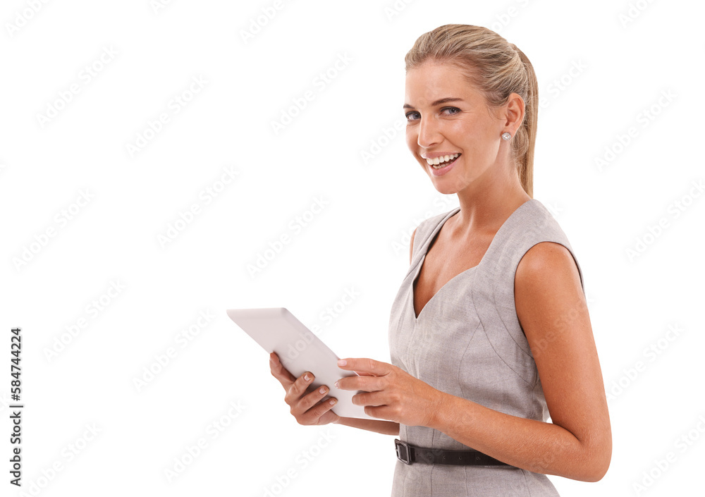 Portrait, business woman and tablet on an isolated and transparent png background. Happy worker, professional female model and digital technology for corporate management, internet and web Portrait, business woman and tablet on an isolated and transparent png background. Happy worker, professional female model and digital technology for corporate management, internet and web