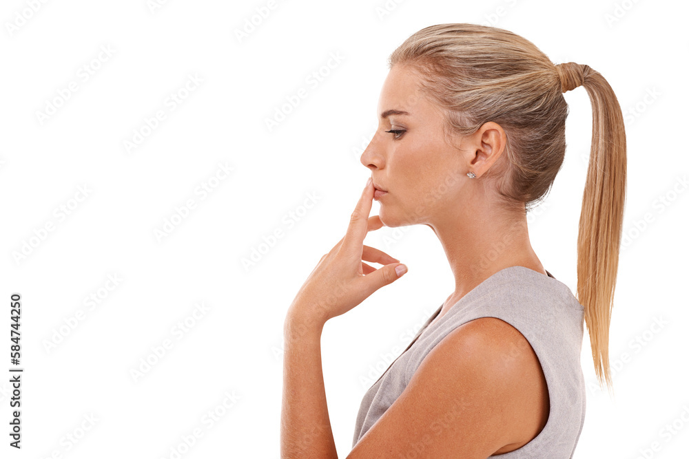 Thinking, profile and business woman with idea, corporate plan or strategy decision. Professional vision, silence and model face on an isolated and transparent png background Thinking, profile and business woman with idea, corporate plan or strategy decision. Professional vision, silence and model face on an isolated and transparent png background