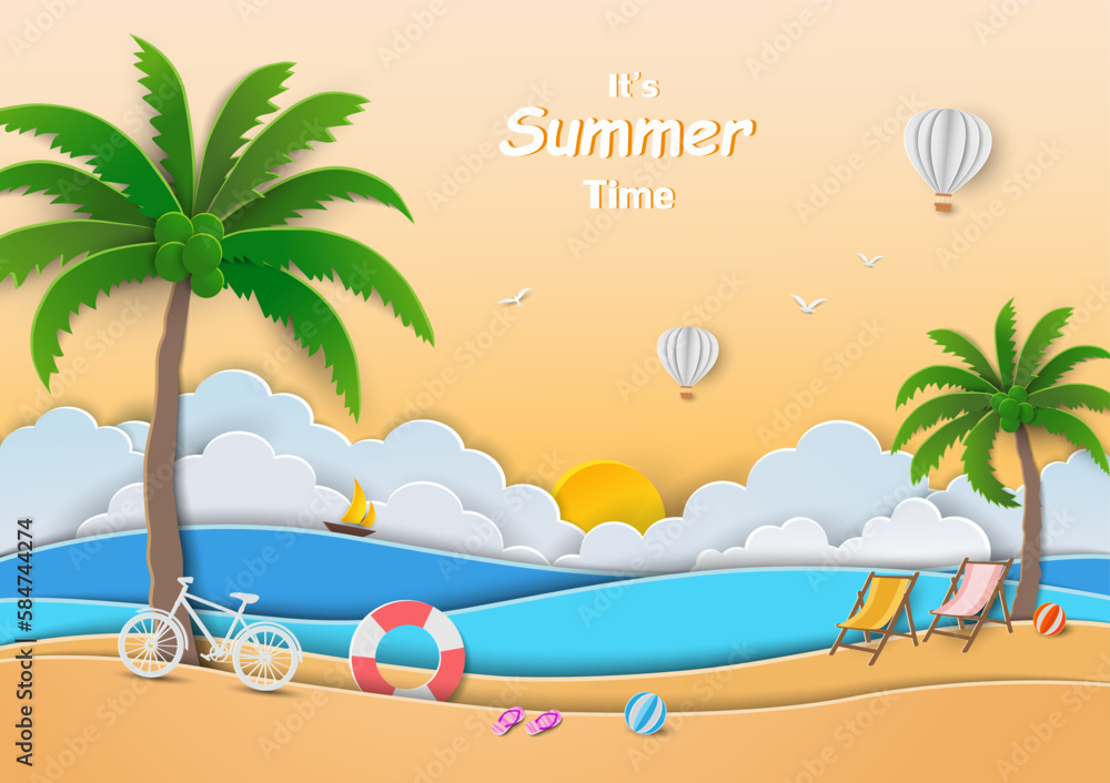 Obraz premium Summer landscape with view of blue sea and coconut palm beach on paper art style