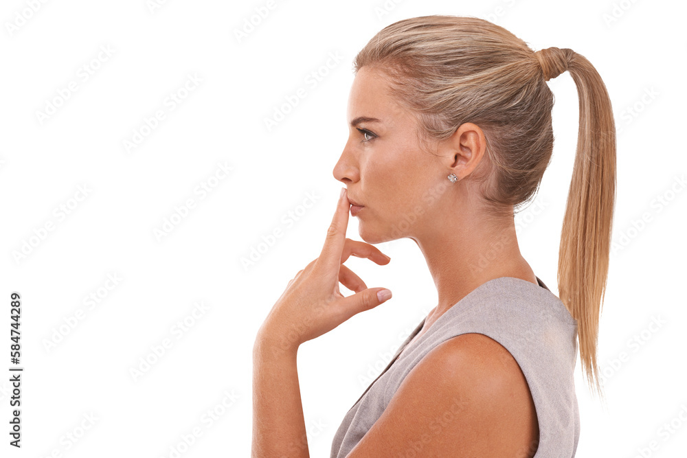 Thinking, profile and business woman or worker contemplate idea, corporate plan or marketing strategy. Professional vision, silence and model face on an isolated and transparent png background Thinking, profile and business woman or worker contemplate idea, corporate plan or marketing strategy. Professional vision, silence and model face on an isolated and transparent png background