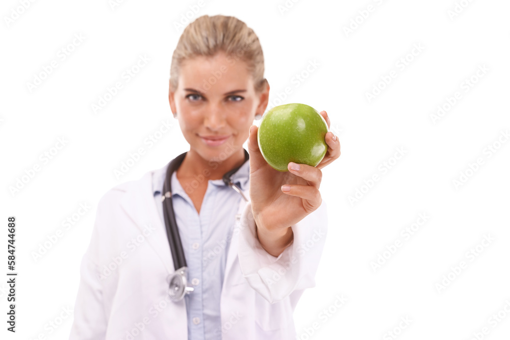 Doctor, portrait and woman with apple for nutrition, wellness and health on an isolated, transparent png background. Serious nutritionist, fruit and advice for healthcare Doctor, portrait and woman with apple for nutrition, wellness and health on an isolated, transparent png background. Serious nutritionist, fruit and advice for healthcare