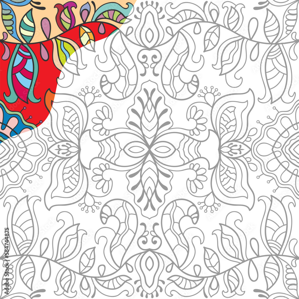 Decorative doodle pattern for coloring book. Hand drawn fantasy line art, floral geometric ornament for painting, coloring page. Tribal ethnic decoration. Black and white with sample of colors