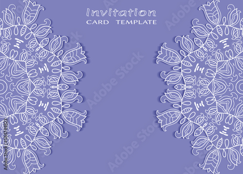 Invitation or Card template with lacе frame border, doodle line pattern, mandala element. Decorative openwork filigree art background for Wedding, Valentine's day greeting card, Birthday Invitation