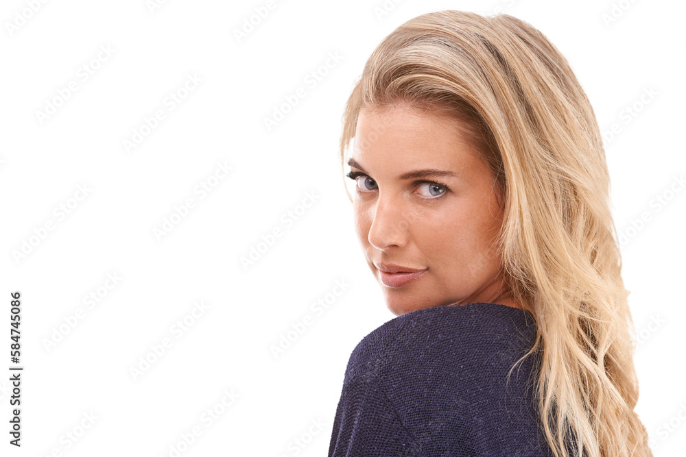 Portrait, face and beauty with a serious woman on a white background looking back over shoulder. Head, attitude and watching you with an attractive young female posing in style Portrait, face and beauty with a serious woman on a white background looking back over shoulder. Head, attitude and watching you with an attractive young female posing in style