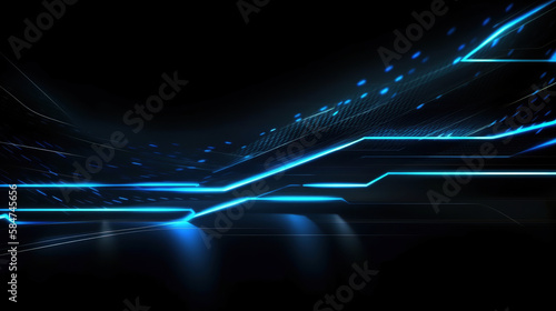 abstract dark technology background with glowing neon lights, generative ai