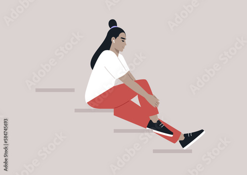 Young female Asian character sitting on the stairs, lost in the music streaming through their earphones