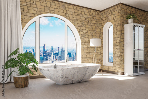 freestanding bath in lightflooded downtown loft apartment; minimalistic interior design; relaxation and spa concept; 3D Illustration