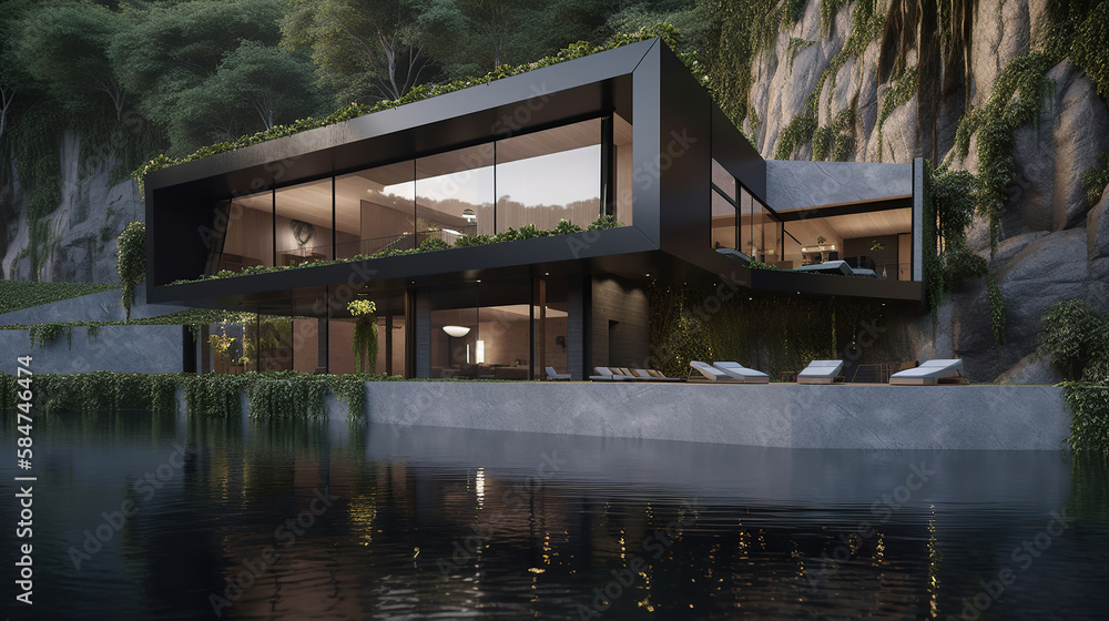 Fototapeta premium modern luxury hosue in the mountains with big outside pool, generative ai