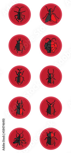 insect vector icon set with red color background