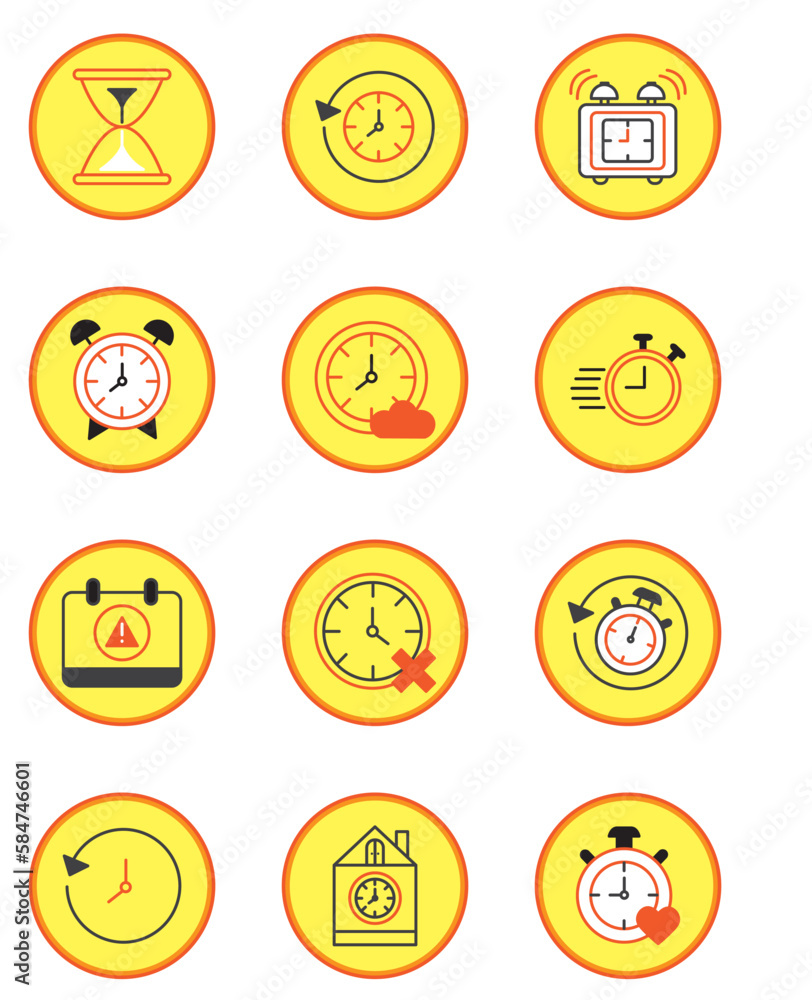 set of vector images of clock icons with yellow background set of vector images of clock icons with yellow background