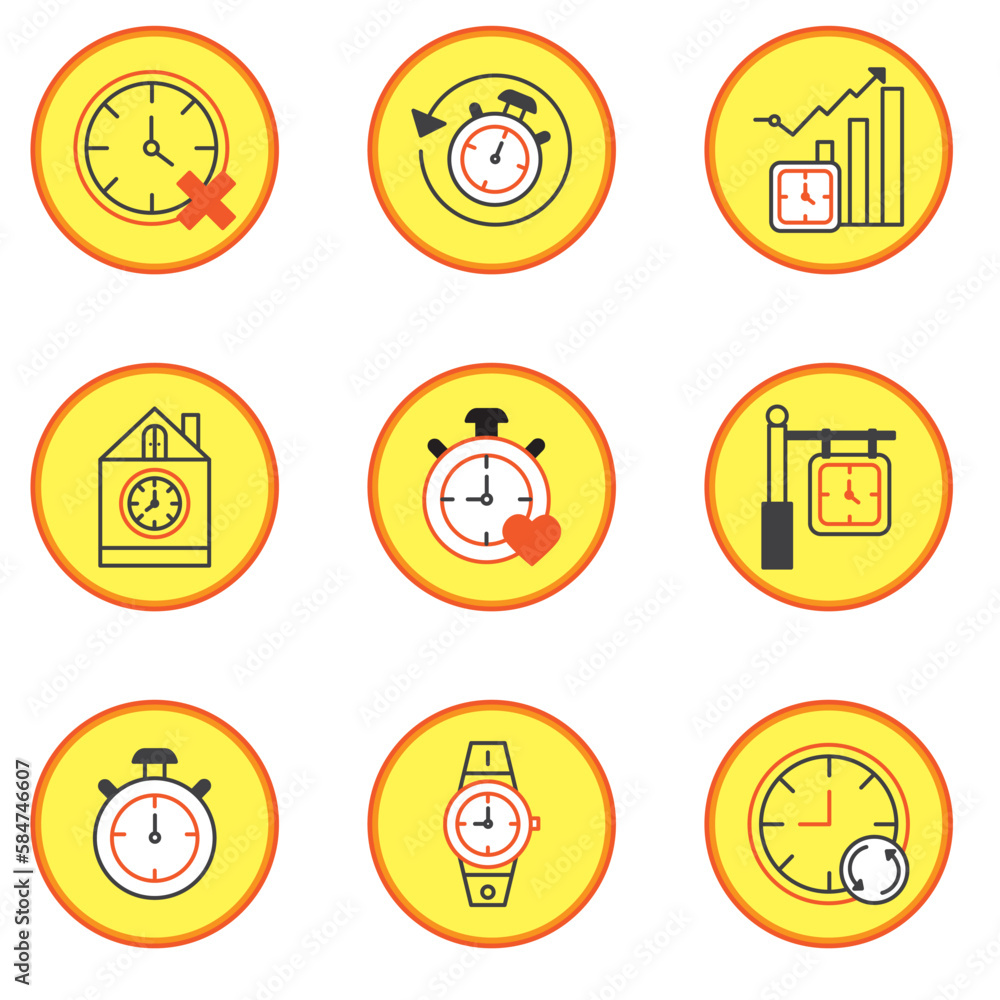 set of vector images of clock icons with yellow background set of vector images of clock icons with yellow background