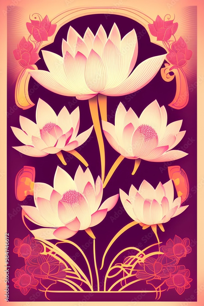 Retro lotus blossom illustration poster - Vector - generative ai