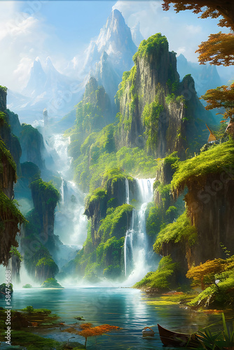 fantastic landscape with beautiful mountains and waterfalls, Generative AI. © Cobalt