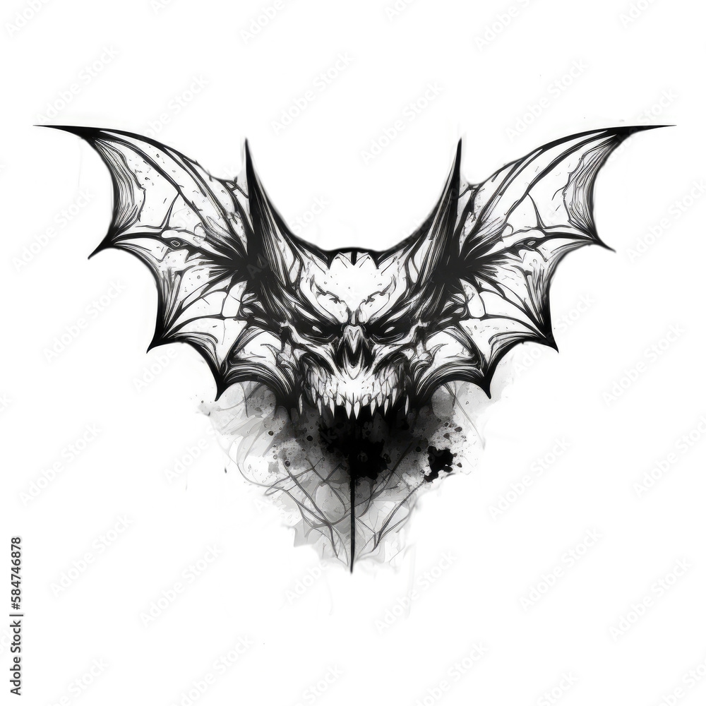 Obraz premium Stylized drawn bat head and wings in black color on white background. Tattoo graphic style. Generative AI.