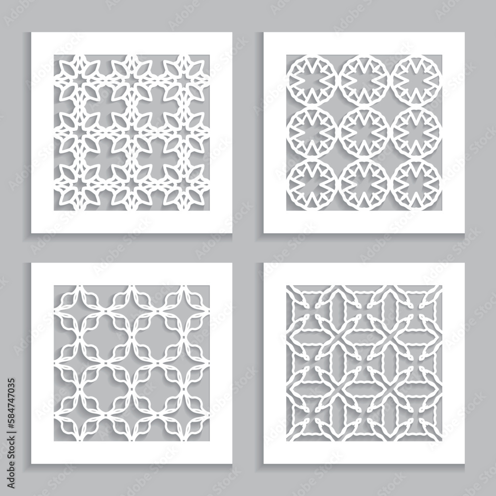 Templates for laser cutting, plotter cutting, printing. Square line patterns set. Geometric design cut out of paper. Mandala Islamic die cut ornament. Fretwork panels, cutout silhouette stencils