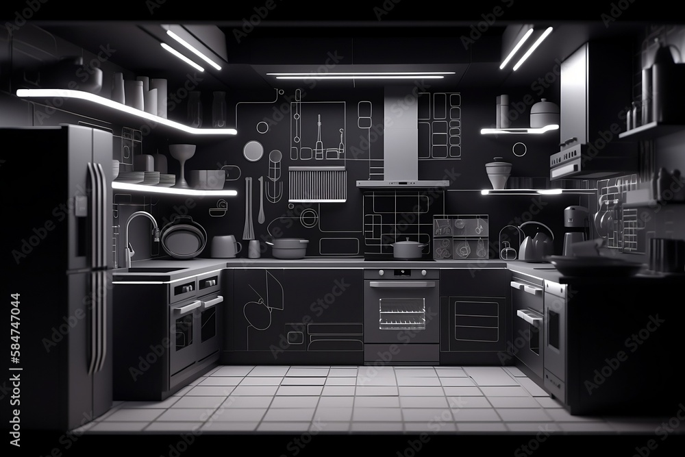 blak and white Kitchen: A Generative Art Piece of a High-Tech Culinary Space, 3D render. blak and white Kitchen: A Generative Art Piece of a High-Tech Culinary Space, 3D render.