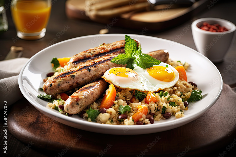 Quinoa with grilled sausages and egg, healthy breakfast, Generative AI