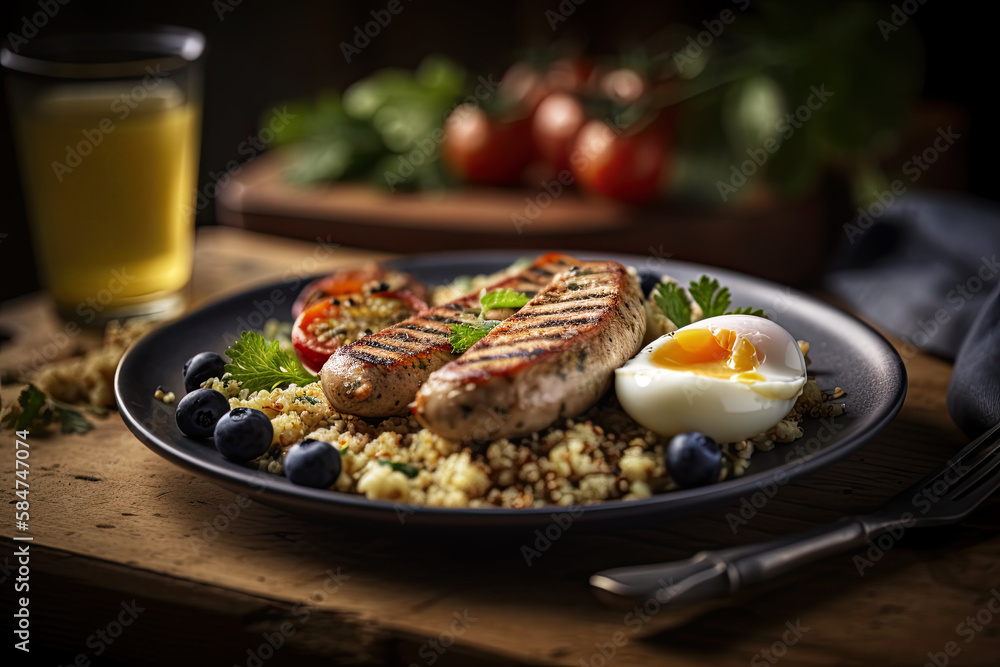 Quinoa with grilled sausages and egg, healthy breakfast, Generative AI Quinoa with grilled sausages and egg, healthy breakfast, Generative AI
