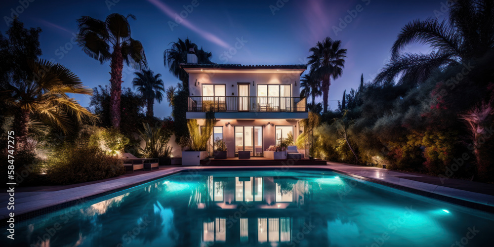 Obraz Villa moderne et luxueuse avec piscine au premier plan, vue nocturne avec illuminations fototapeta, plakat