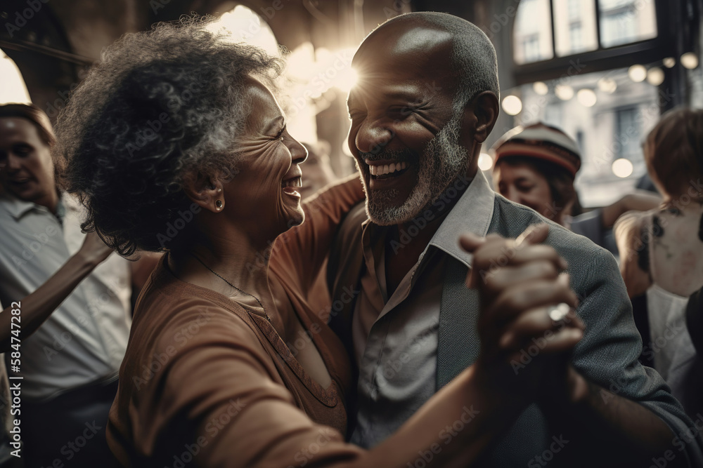 middle aged african american smiling couple in love dancing in a club, generative ai middle aged african american smiling couple in love dancing in a club, generative ai