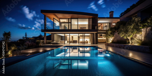 Villa moderne et luxueuse avec piscine au premier plan, vue nocturne avec illuminations © Sébastien Jouve