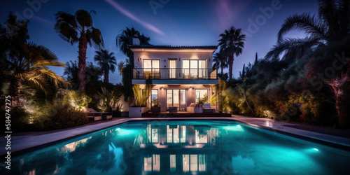 Villa moderne et luxueuse avec piscine au premier plan, vue nocturne avec illuminations photo