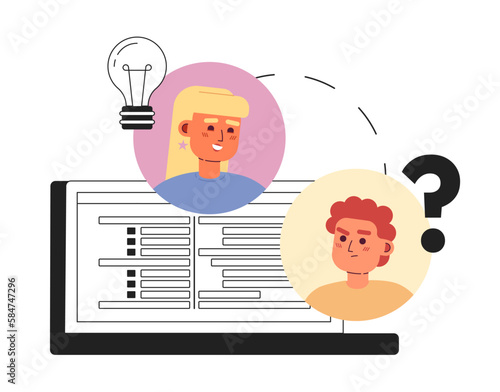 Collaboration with colleague online line concept vector spot illustration. Editable 2D flat cartoon characters on white for web design. Brainstorming creative lineart idea for website, mobile, blog