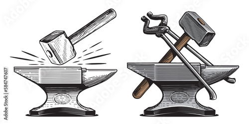 Anvil, hammer, tongs. Metal working tools. Blacksmith, ironwork concept. Hand drawn sketch vintage vector illustration