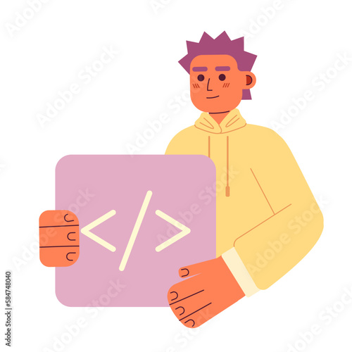 Computer coder job flat concept vector spot illustration. Editable 2D cartoon character on white for web design. Programmer. Software developer creative idea for website, mobile, magazine