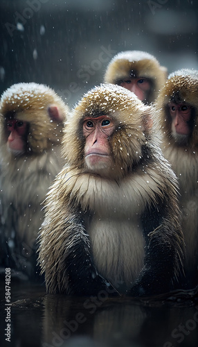 A Group of Snow Monkeys Sit in a Japanese Hot Sping Relaxing, Rain That is Turning to Snow is Falling on Their fur AI Generative