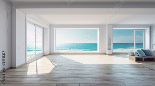 modern living room interior with comfortable furnitures   contemporary beach house  view to the ocean  light and airy design  generative ai