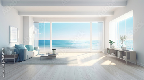modern living room interior with comfortable furnitures,  contemporary beach house, view to the ocean, light and airy design, generative ai © Gbor