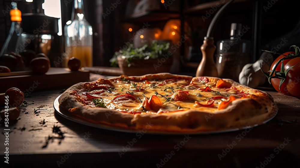 Pizza with salami and tomatoes on plate wooden table smoke and dark background