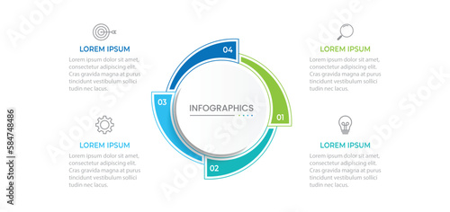 Modern infographic template. Creative circle element design with marketing icons. Business concept with 4 options, steps, sections.
