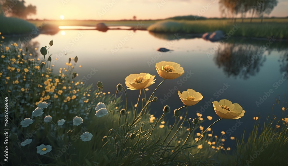 Sunset over the lake with buttercup garden