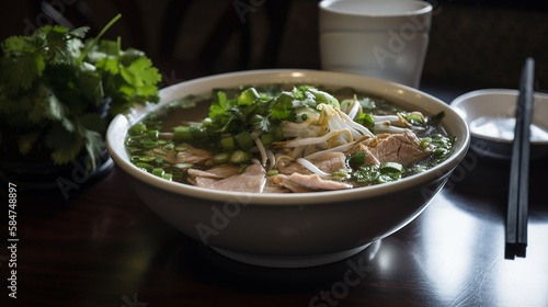 Pho Bo - Vietnamese fresh rice noodle soup with beef, herbs and chili.