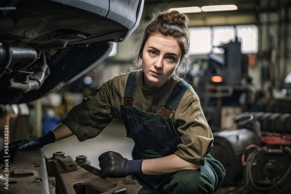 Portrait of a female mechanic working in a repair garage. Generative ai Portrait of a female mechanic working in a repair garage. Generative ai