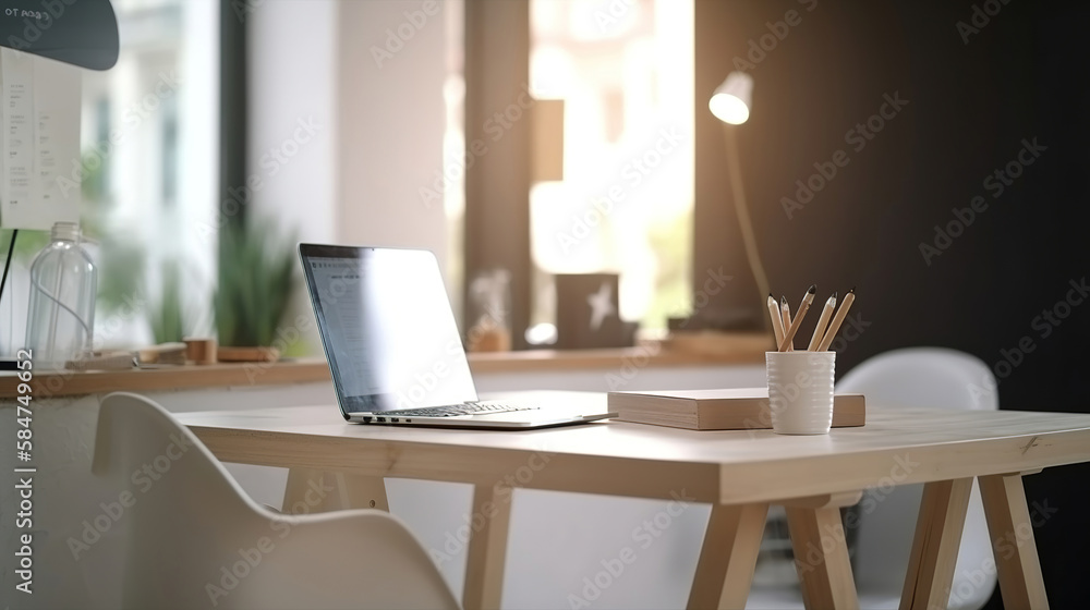 modern office interior, notebook on the empty wooden table, blurred background, morning lights, generative ai modern office interior, notebook on the empty wooden table, blurred background, morning lights, generative ai
