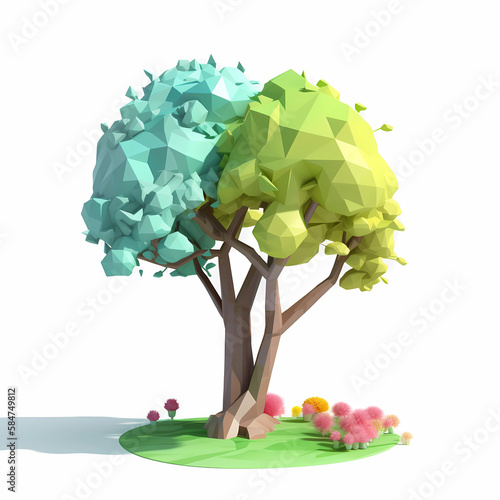  lowpoly 3d spring tree with flowers on white background