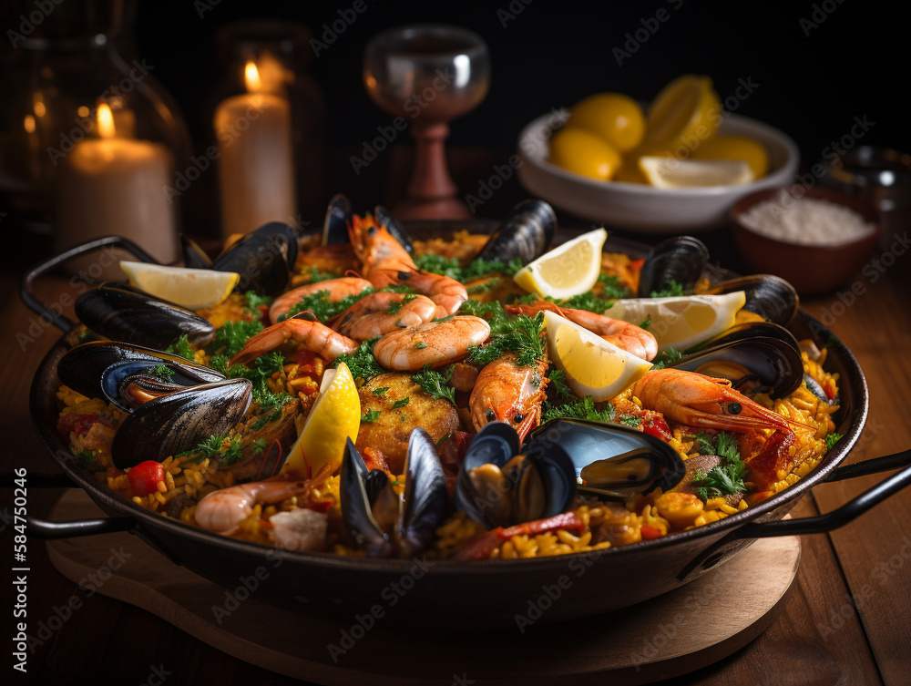 A Spanish Paella on a Table | Generative AI A Spanish Paella on a Table | Generative AI