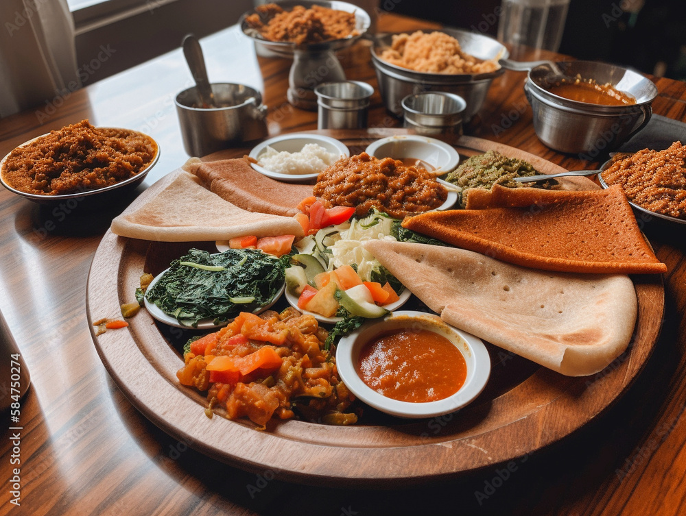 An Ethiopian Injera Bread Platter with Sides in a Restaurant | Generative AI