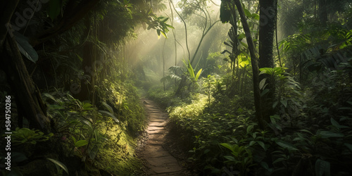 morning light in the tropical jungle rainforest, light rays on the small trail path, generative ai
