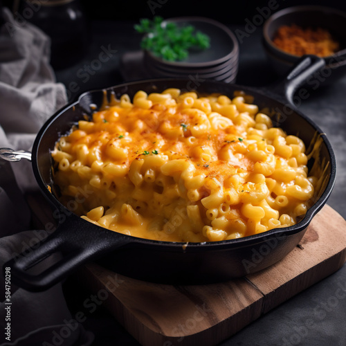 Mac and cheese. Classic American rustic mac and cheese. Golden baked macaroni with cheddar generative ai